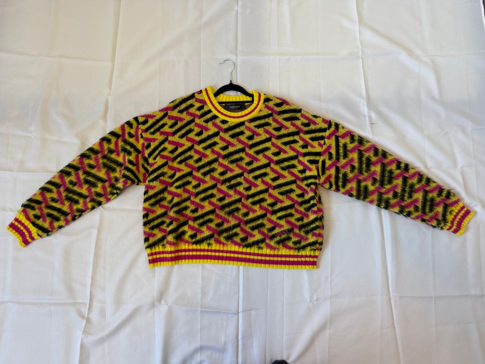 VERSACE La Greca yellow pink & black logo wool sweater 44