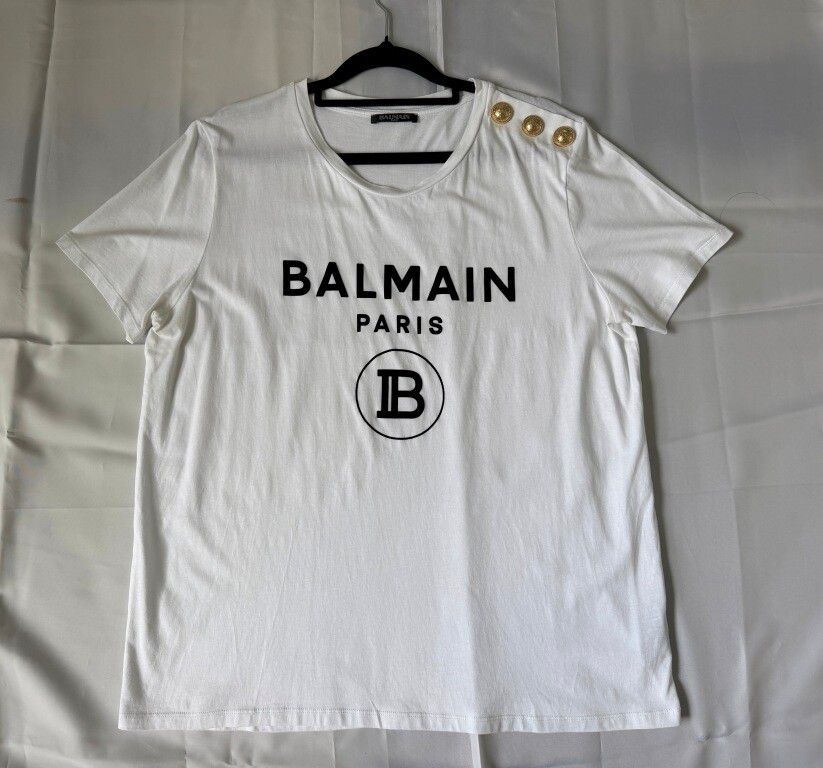 Balmain Paris White Logo T-Shirt Gold Buttons