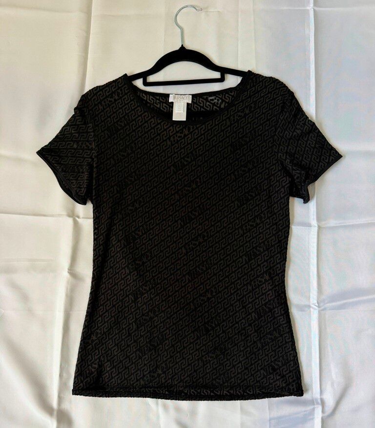 Authentic Versace Black Monogram Semi Sheer T-Shirt Top