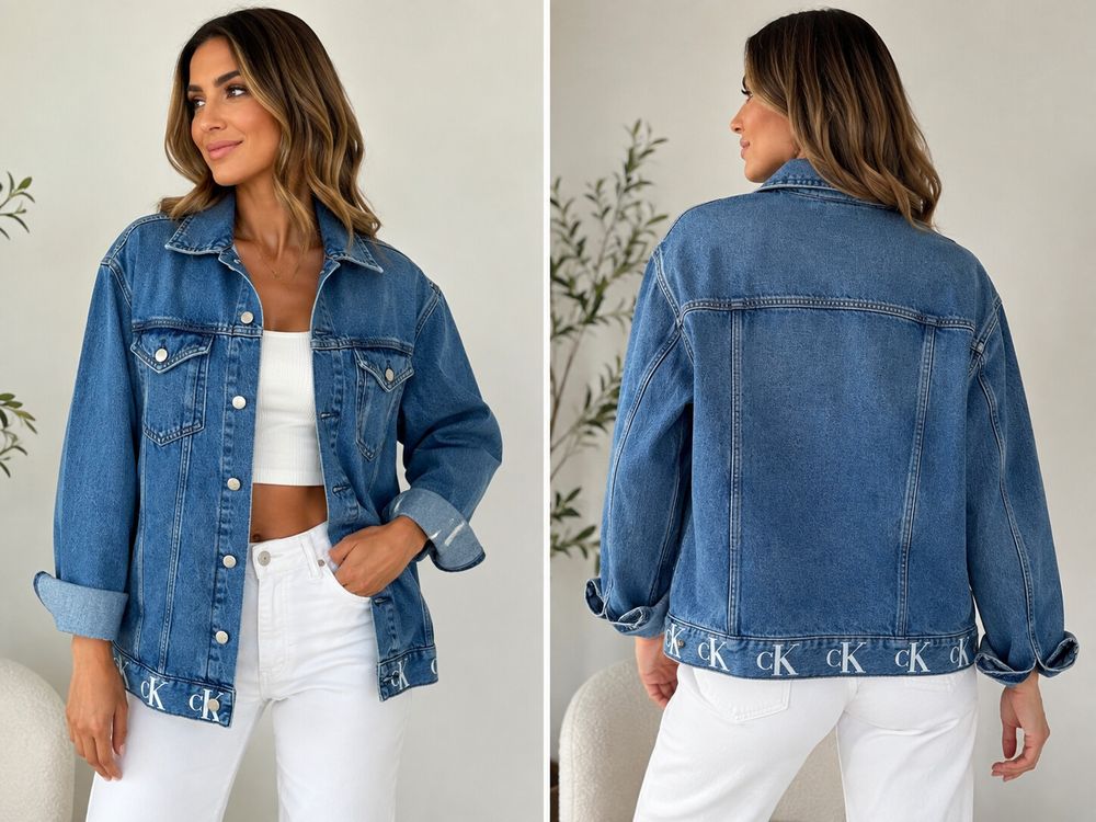 Calvin Klein Jeans Oversized Denim Jacket Blue CK Logo Hem Trucker