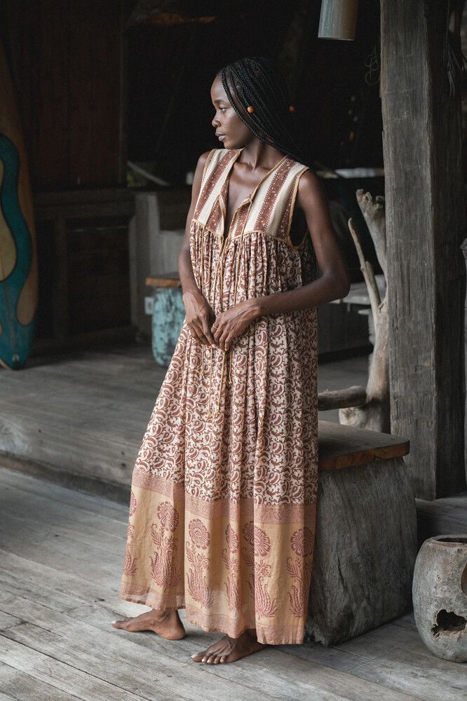 daughters of india maxi dress Kyra | Maxi Dress | Olive Floral - Boho Relaxed Fit Balloon-Sleeved Gauze Cotton