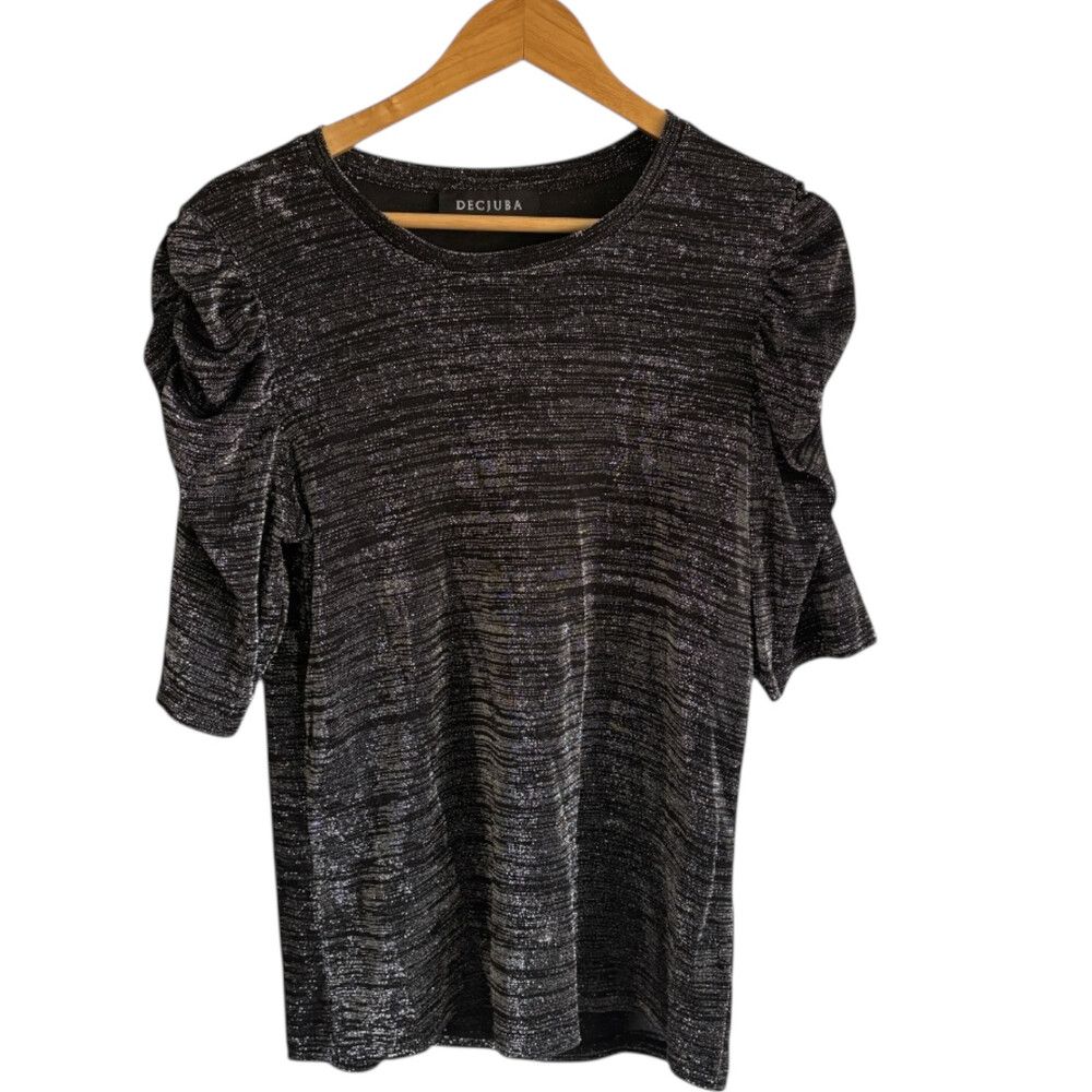 Decjuba Destiny Top Size Large Metallic black Silver Ruched Sleeve