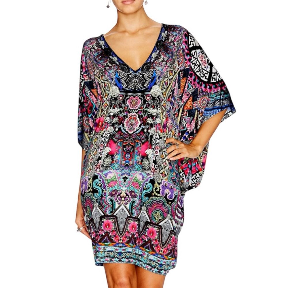 Camilla Bells At Dusk Dress One Size Bat Sleeve Jersey Kaftan Pink Blue