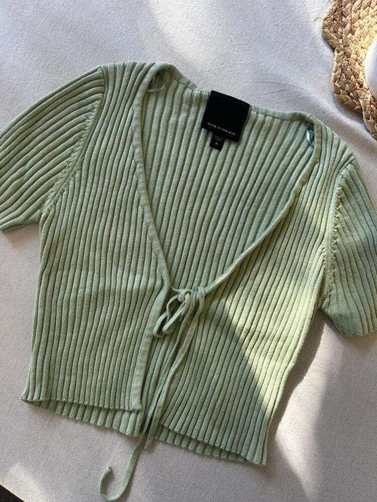 Alice in the Eve Sage Green Ribbed Cardigan