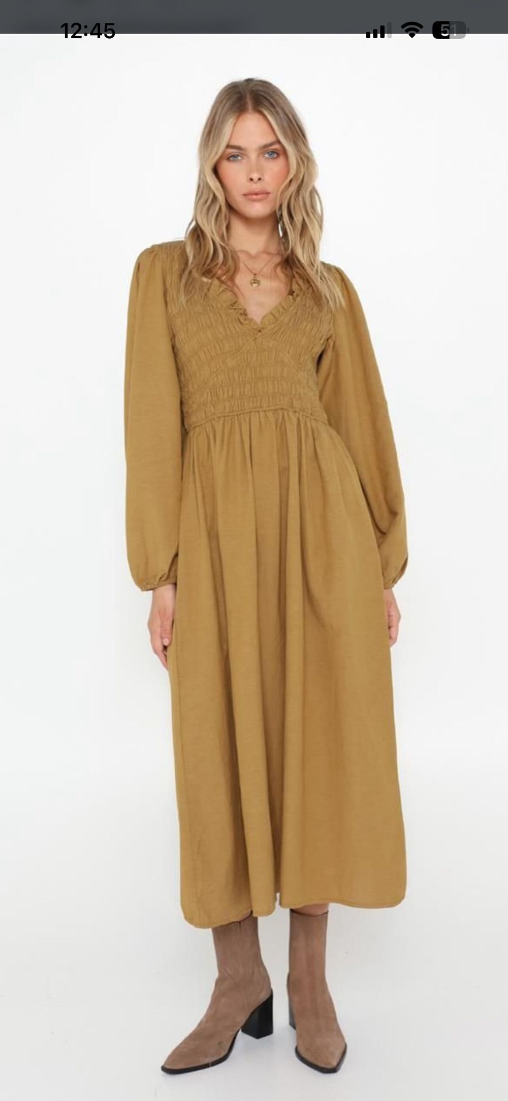 Lost In Lunar Mustard Smocked Midi Dress