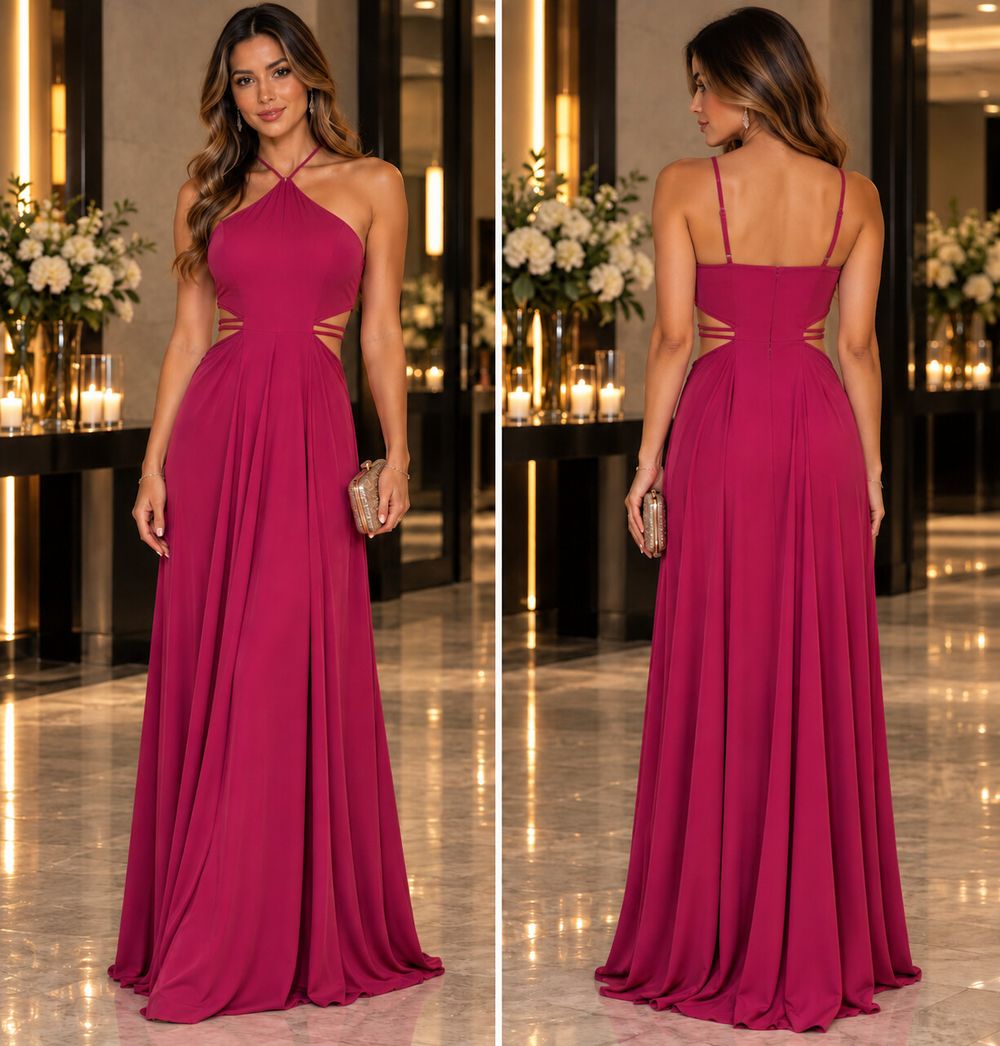 Angel Biba Magenta Pink Halter Cut-Out Maxi Gown - Size 10