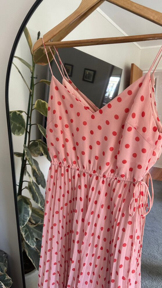 asos pink polka dot dress ASOS DESIGN mesh maxi dress with scarf drape detail in pink and brown polka  dot