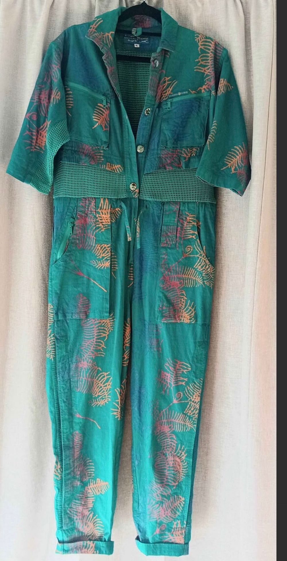 1990's Global Kiwis, hand silk screened,  100% Cotton Jumpsuit Size SL