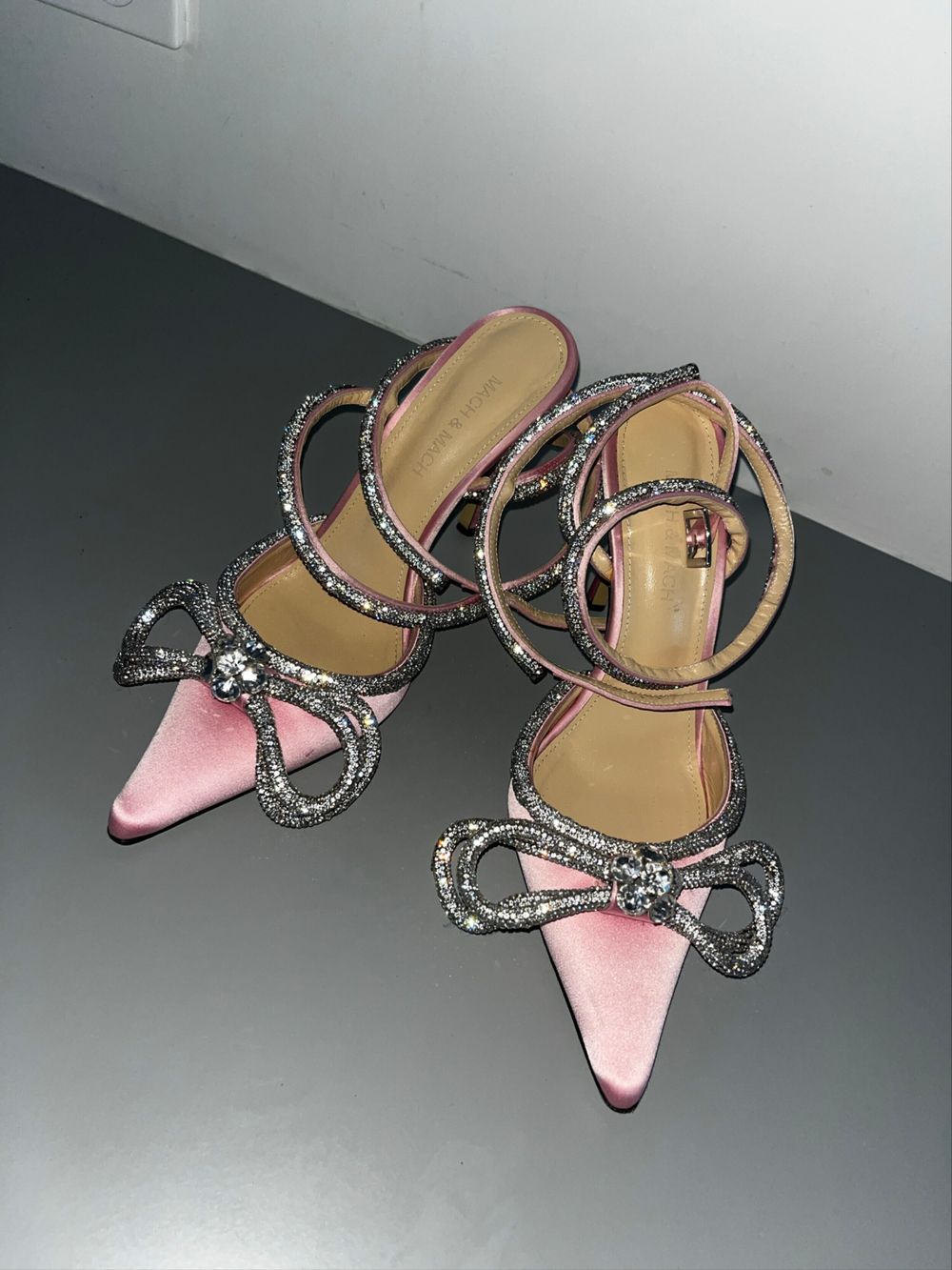 Mach & Mach Pink Satin Crystal Bow Heels