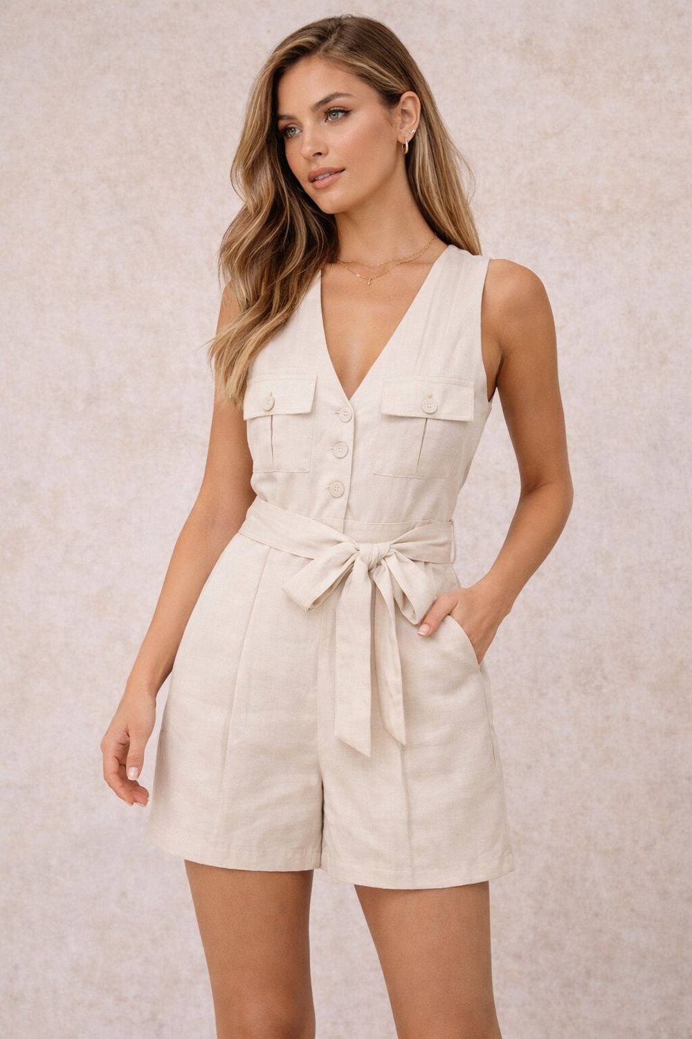 Sheike playsuit Meredith Linen Oat beige tie belt Au 6 Xs - S Jump Suit V Neck