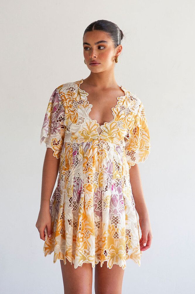 Zaco Australia Gramercy Mini Dress Floreale Mellow Embroidered Yellow Au 12 - 14