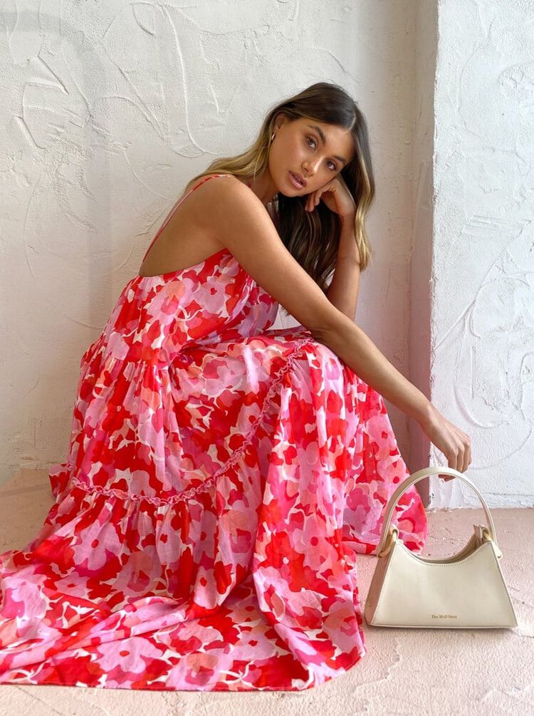 Steele Arya Midi Dress In Camellia Tiered Red White Flare Floral S Au 8 - 10
