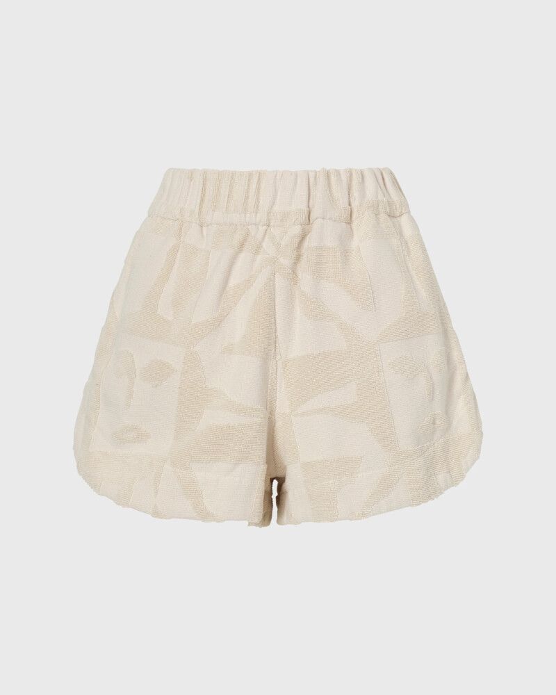 Lucy Folk Beam Shorts Terry Towelling Beige Ecru Cream Faces Overswim Designer Xs - S Au 6 - 8