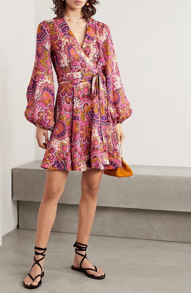 zimmermann Mini dress Wrap Pink Paisley Fiesta Linen Cocktail Party Size 1 Au 10