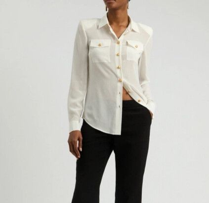 Balmain Paris Ivory White Silk Gold Button Up Shirt Long Sleeve Crepe 42 Au 14