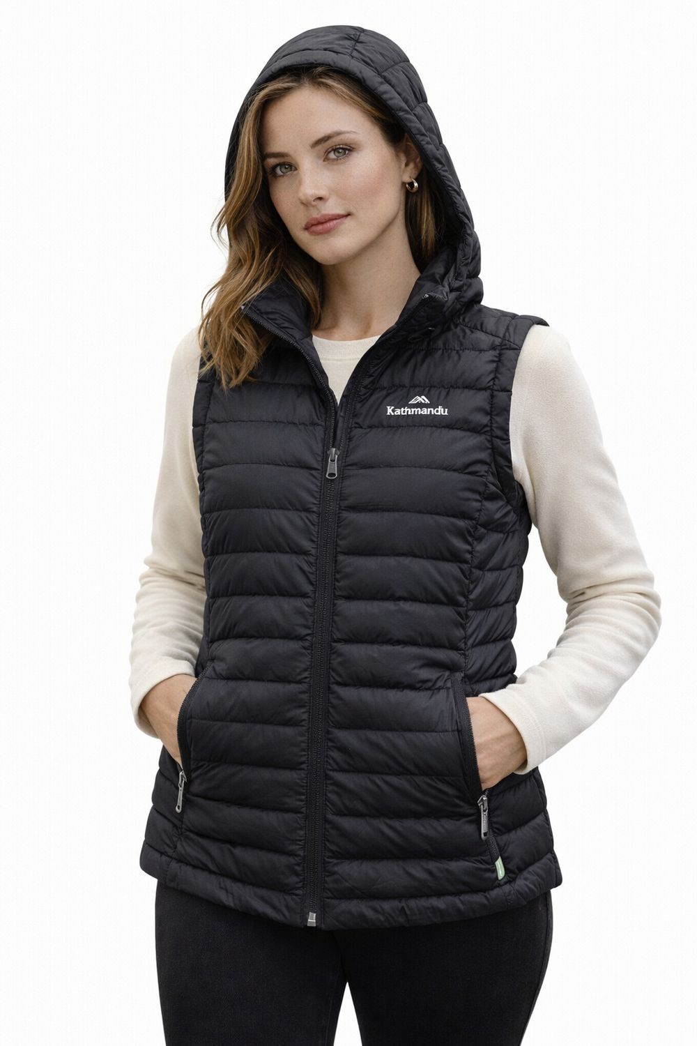 Kathmandu Black Puffer Ultra Light 550 Duck Down Vest With Hood Women Winter Au 14 XL