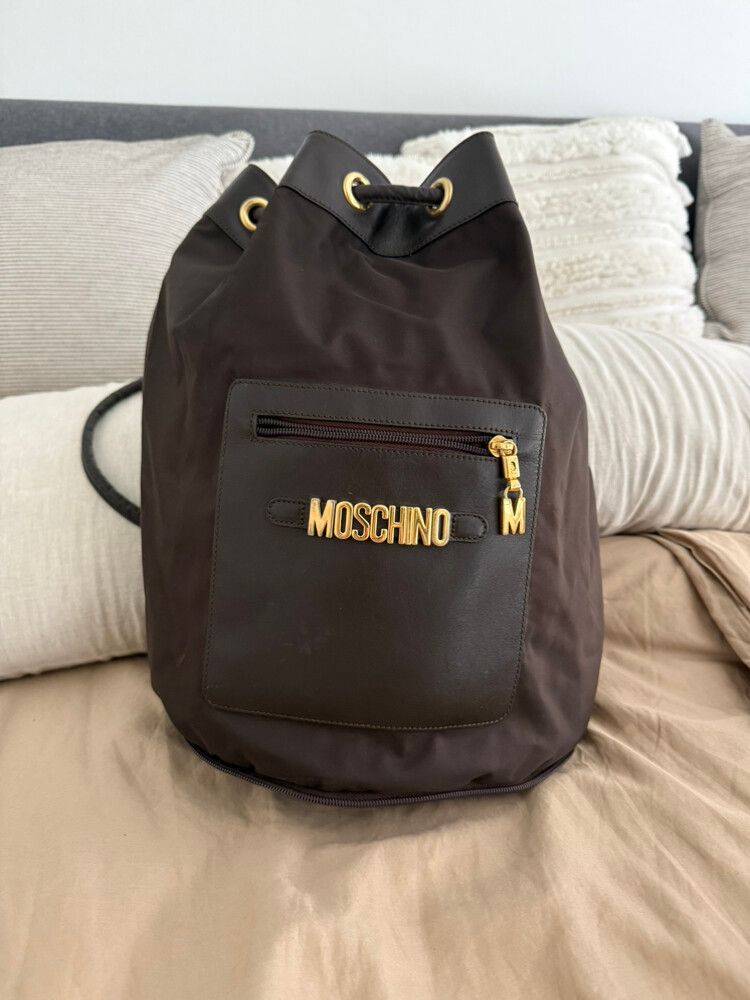 Moschino Backpack Bucket Drawstring Redwall Vintage Brown Nylon Bucket Bag Purse