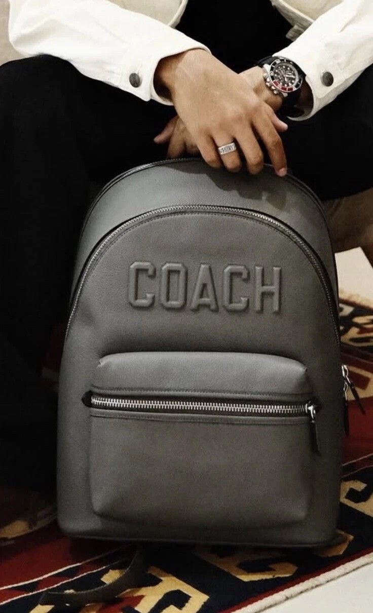 COACH Charter Backpack Polished Pebble Leather Grey Designer Large Fits Laptop lux premium brand