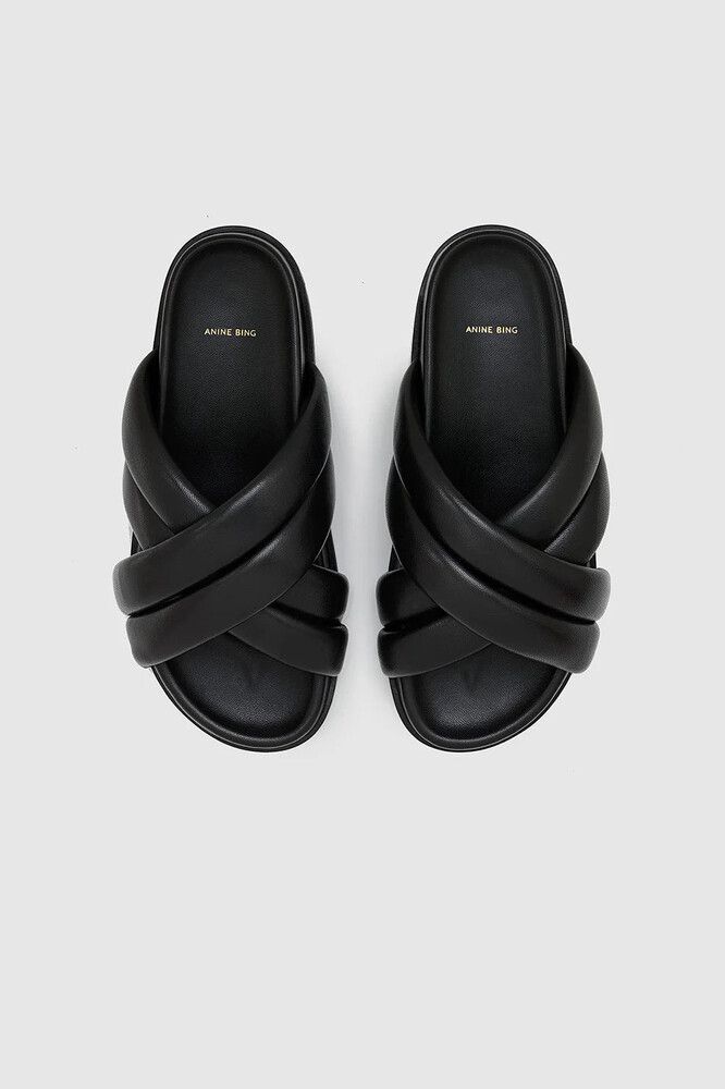 Anine Bing Lizzie Criss Cross Sandals Puffy Black Leather Slides Designer 41 10