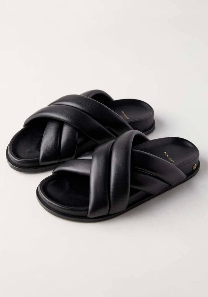 Anine Bing Lizzie Criss Cross Sandals Puffy Black Leather Slides Designer 41 10