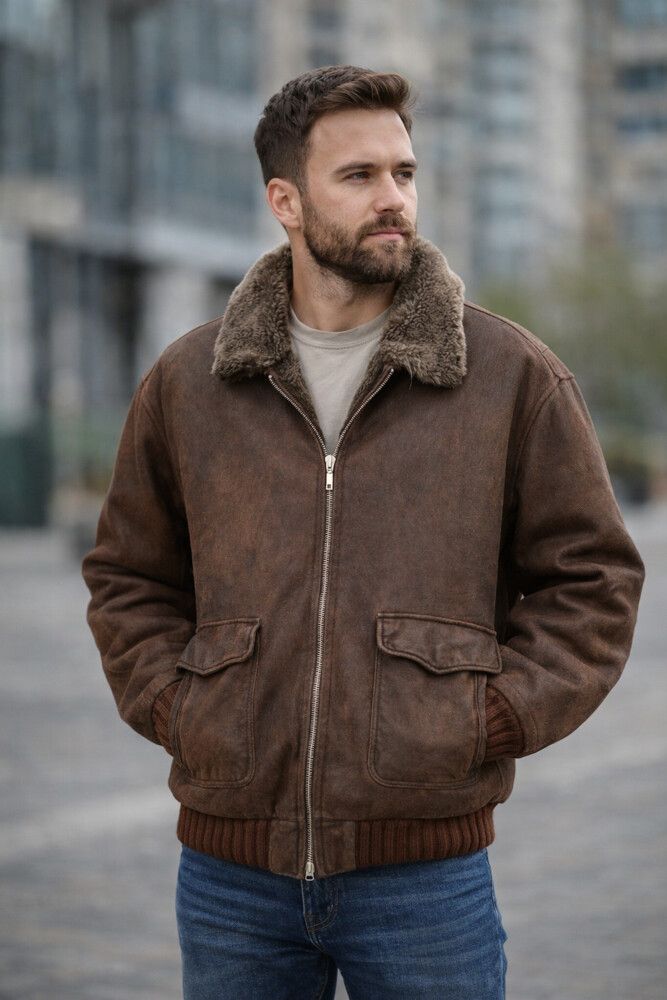 Leather Sheepskin Pilot Bomber Shearling Jacket Brown Coat Fur Wool Vintage 3XL