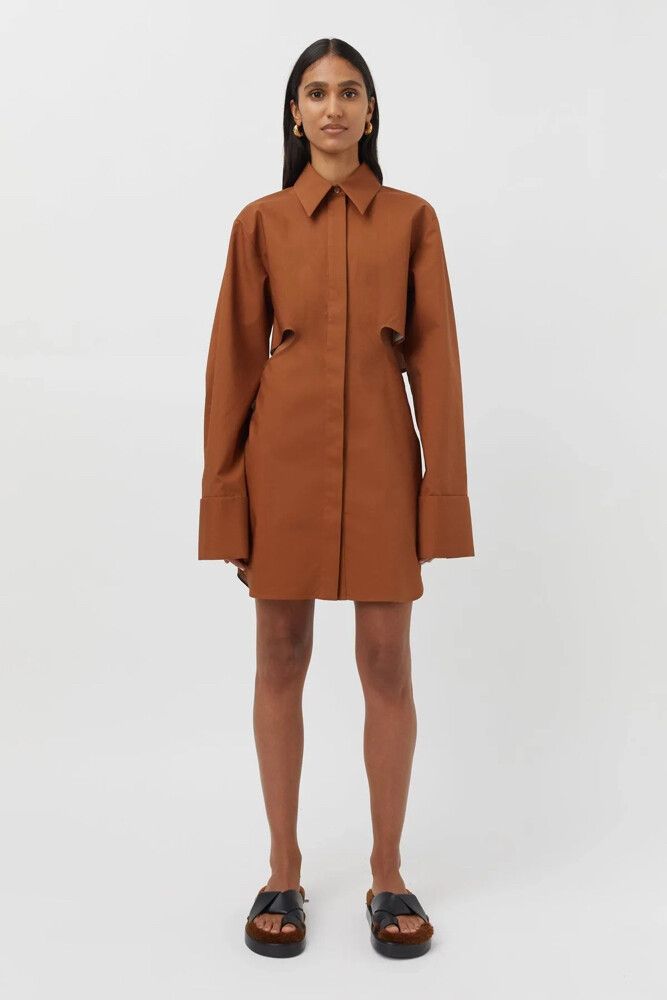 C&M Camilla and Marc Everett Shirt Mini Dress Brick Brown Cut Out Waist Au 10 M