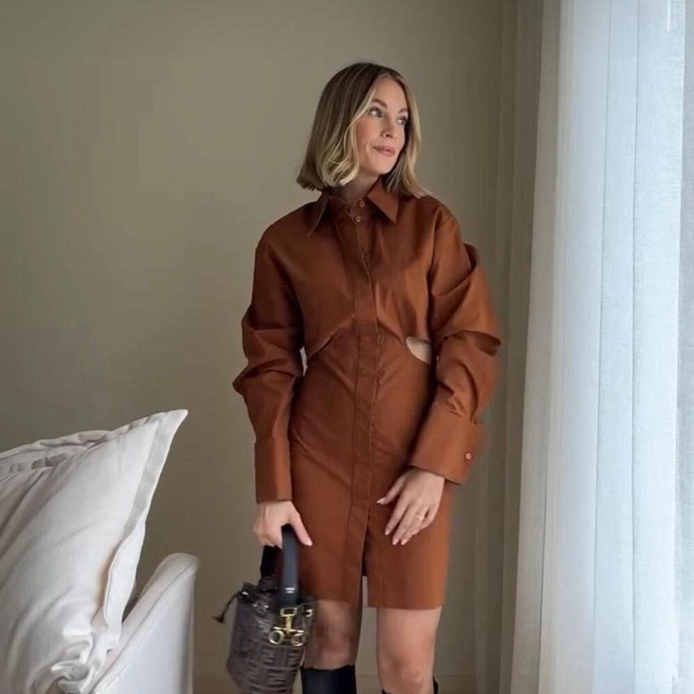 C&M Camilla and Marc Everett Shirt Mini Dress Brick Brown Cut Out Waist Au 10 M