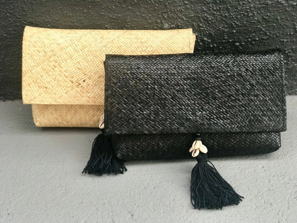 Rattan Woven Chocolate Brown Clutch Shells Hand Bag Envelope Handmade Boho Clip