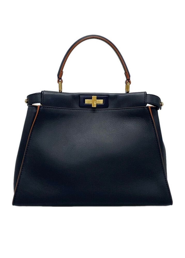 FENDI Peekaboo Iconic Medium Dark Navy Brown Leather medium shoulder strap Handbag Designer Authentic