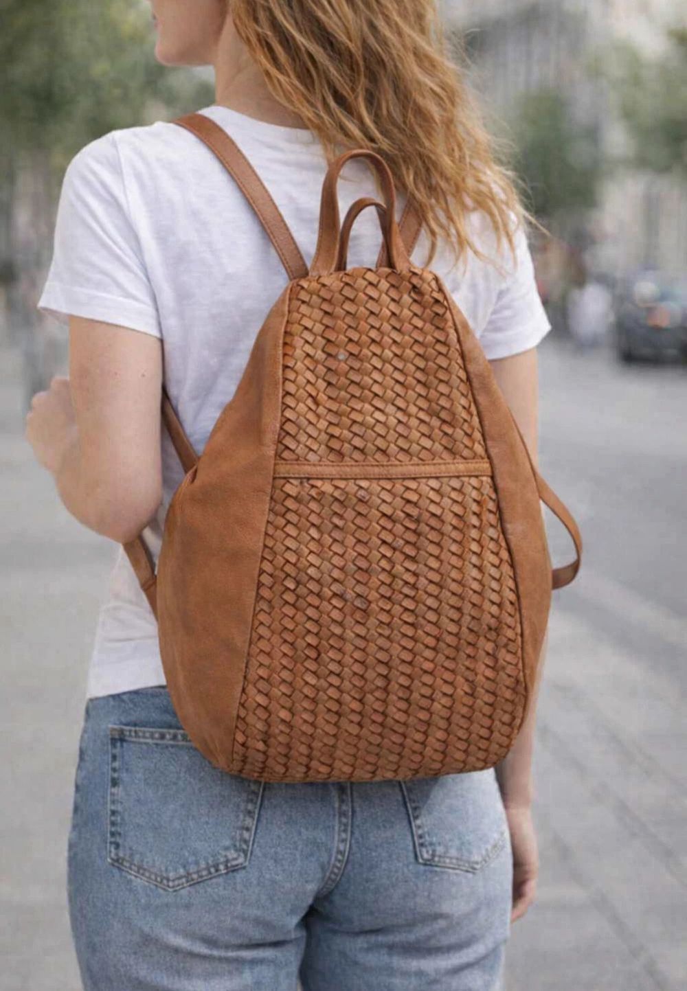 Colorado Bella Leather Backpack Woven Bag Convertible Tote Bag Tan Brown