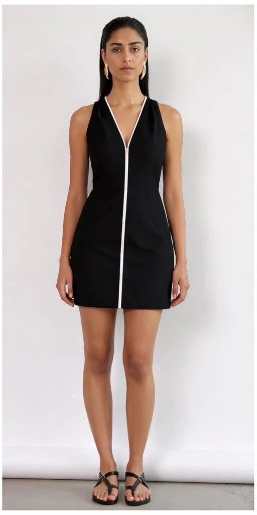 Witchery CONTRAST stitching MINI Linen DRESS Black beige tie belt Summer V Neck Premium A Line Au 14 XL