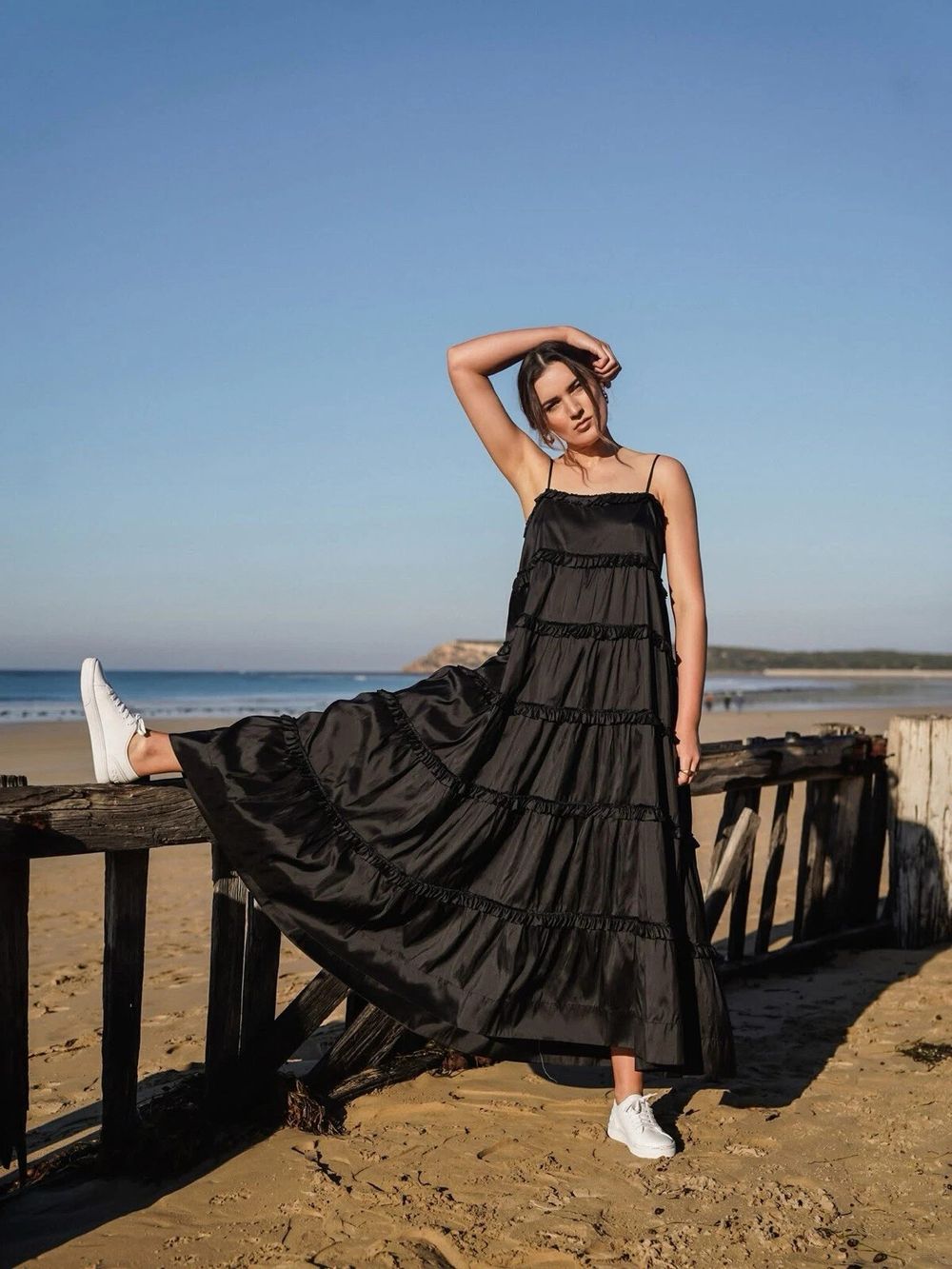 Country Road 100% Silk Tiered Midi Dress Black event summer Au 10 / 12 M / L Premium material lux RRP $399