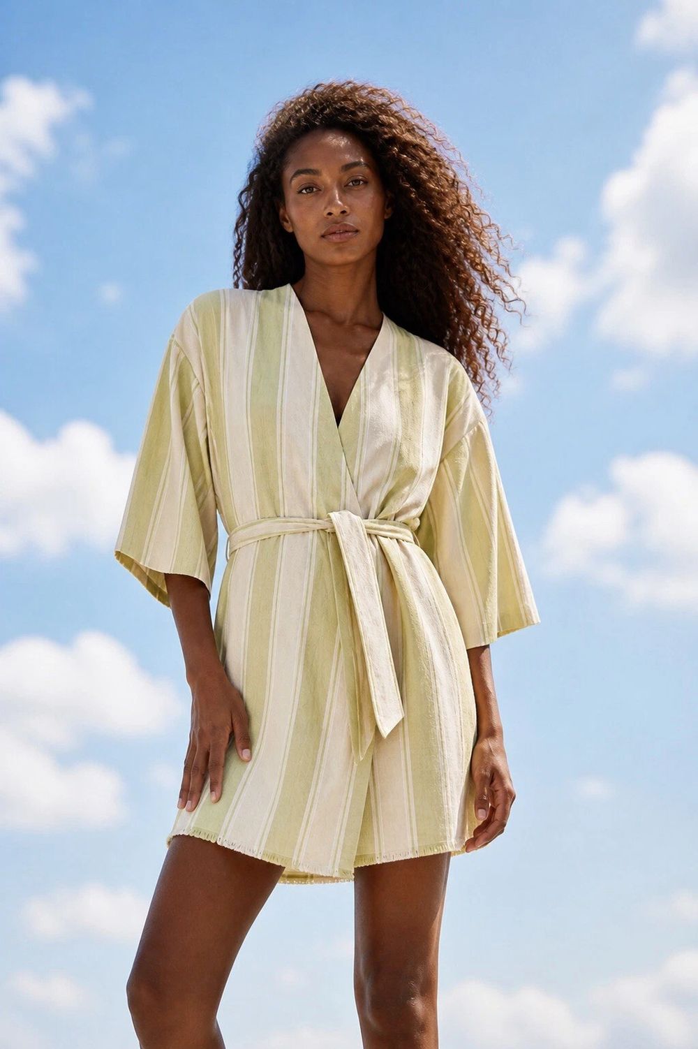 Zulu & Zephyr daughters Olive Stripe Organic Cotton Robe Kimono wrap Dress beach summer made in India designer $350