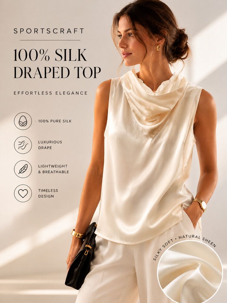 Sportscraft 100% Silk Draped Top high Neck Ivory off white Sleeveless Elegant Drape Blouse Au 12 L