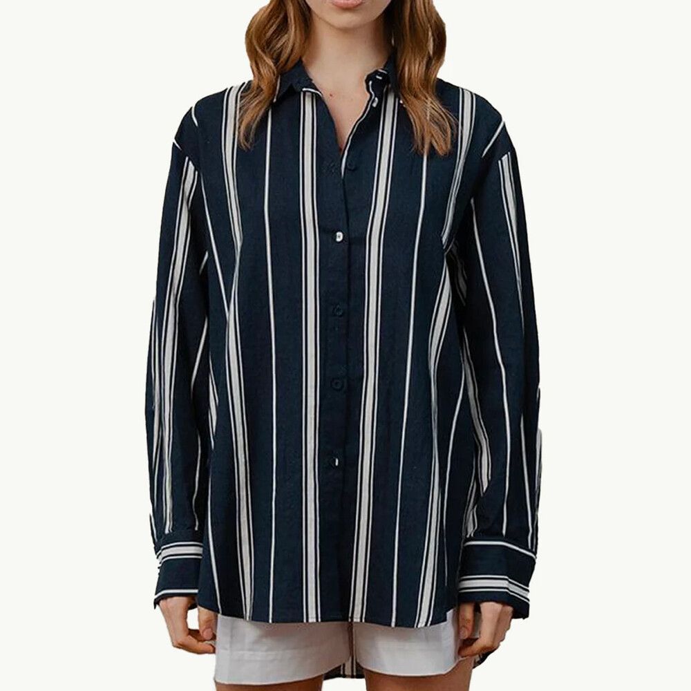 Caitlin Crisp LOVESHACK 100% Linen Shirt Navy Stripe