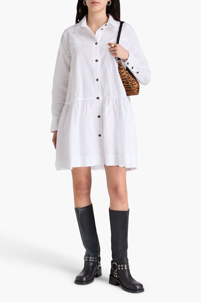 Ganni White Cotton Poplin Mini Shirt Dress