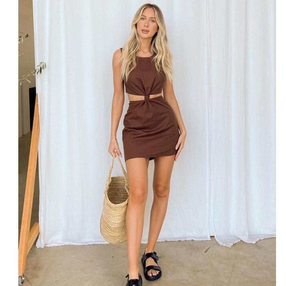 DAZIE Brown Linen Mini Dress