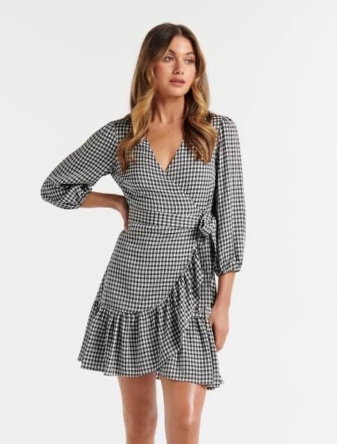 Forever New Black And White Gingham Wrap Dress