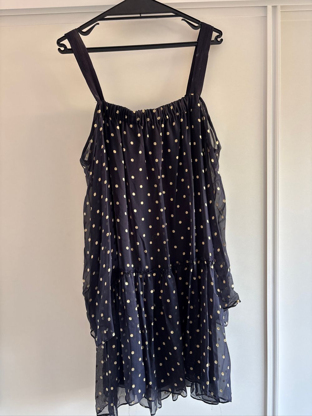 Viktoria & Woods Navy Blue Sheer Polka Dot Tiered Dress