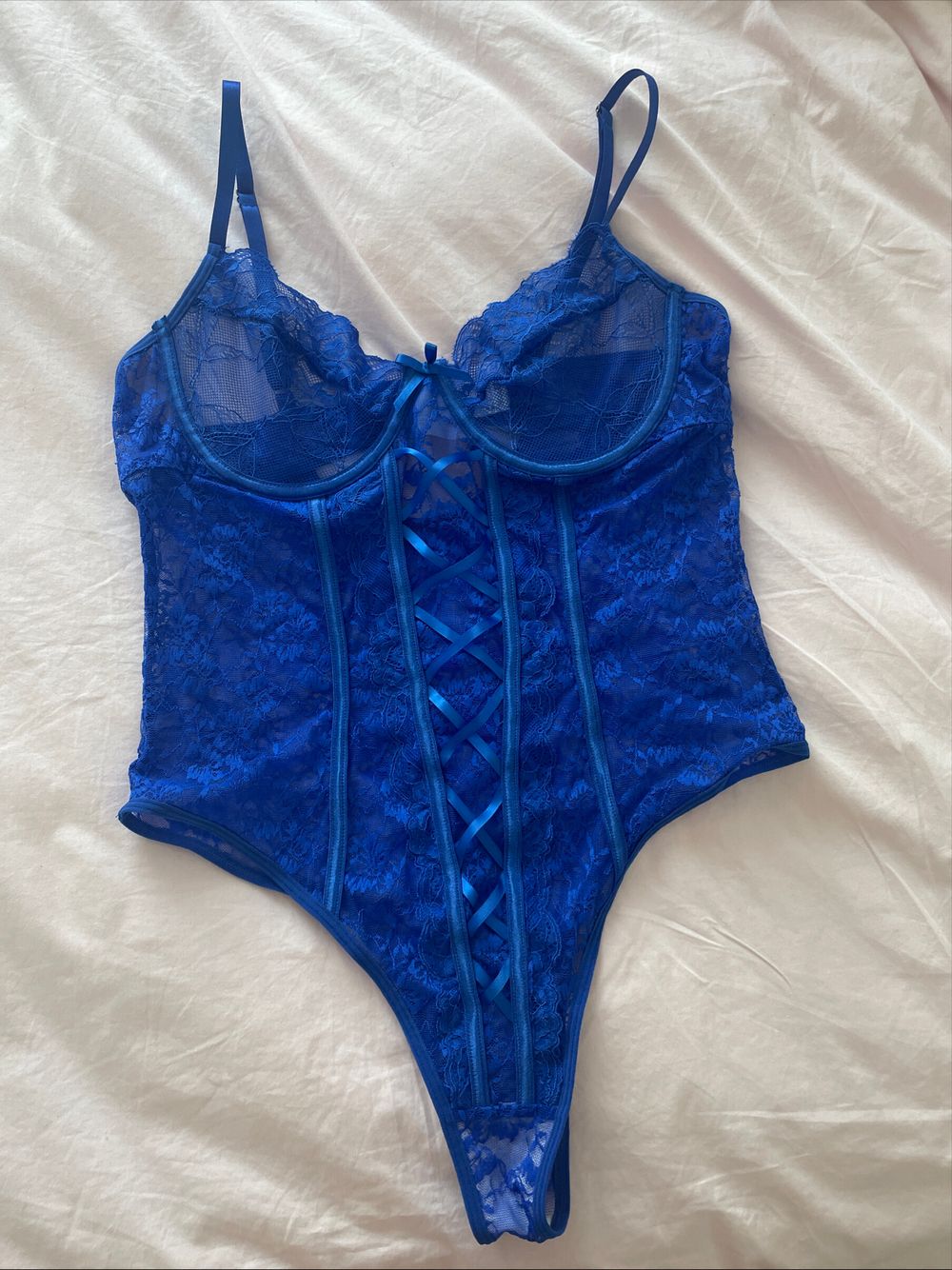 Blue lace lingerie bodysuit