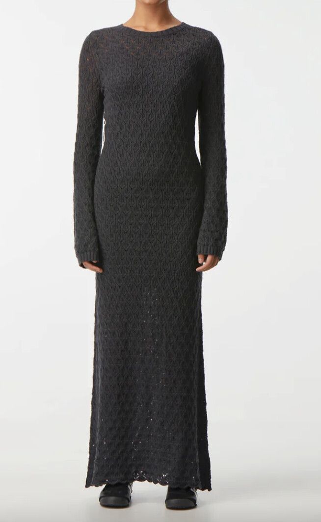 princess polly baby blue dress Women Solid Black Scoop Neck Acrylic Thigh-High Slit Straight Hem Knitted  Midi Sweater Dress main image 1