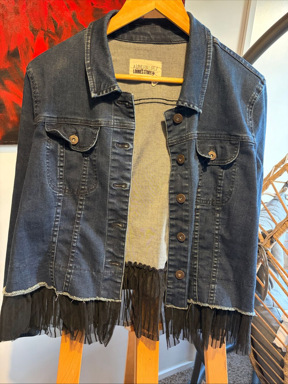 Loobies Story Blue Denim Jacket With Black Mesh Fringe