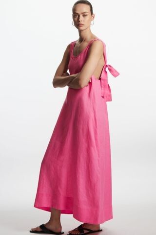 Pink linen gathered midi maxi dress