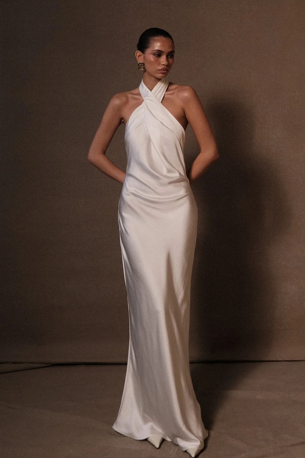 Meshki White Satin Halter Gown