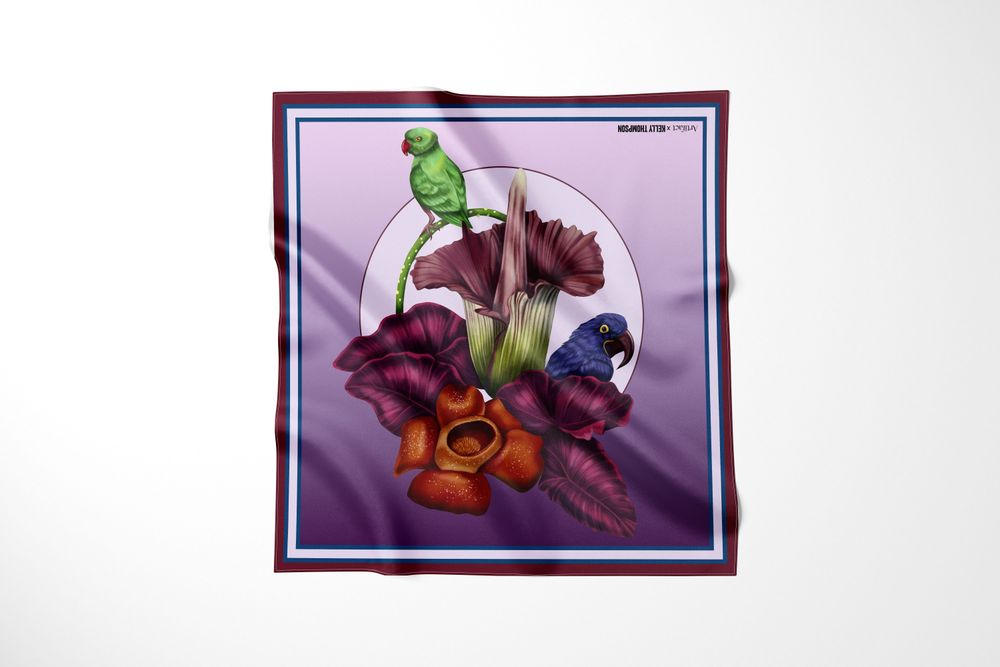 Plume Plum : Artifact x Kelly Thompson Womens Square Silk Scarf NEW