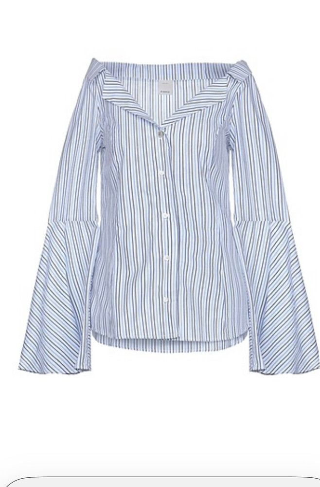 Pinko off-the-shoulder striped blouse with dramatic flared sleeves
