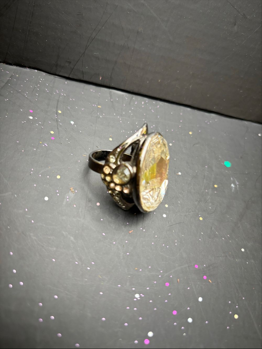 Silver Tone Large Faceted Stone Ring