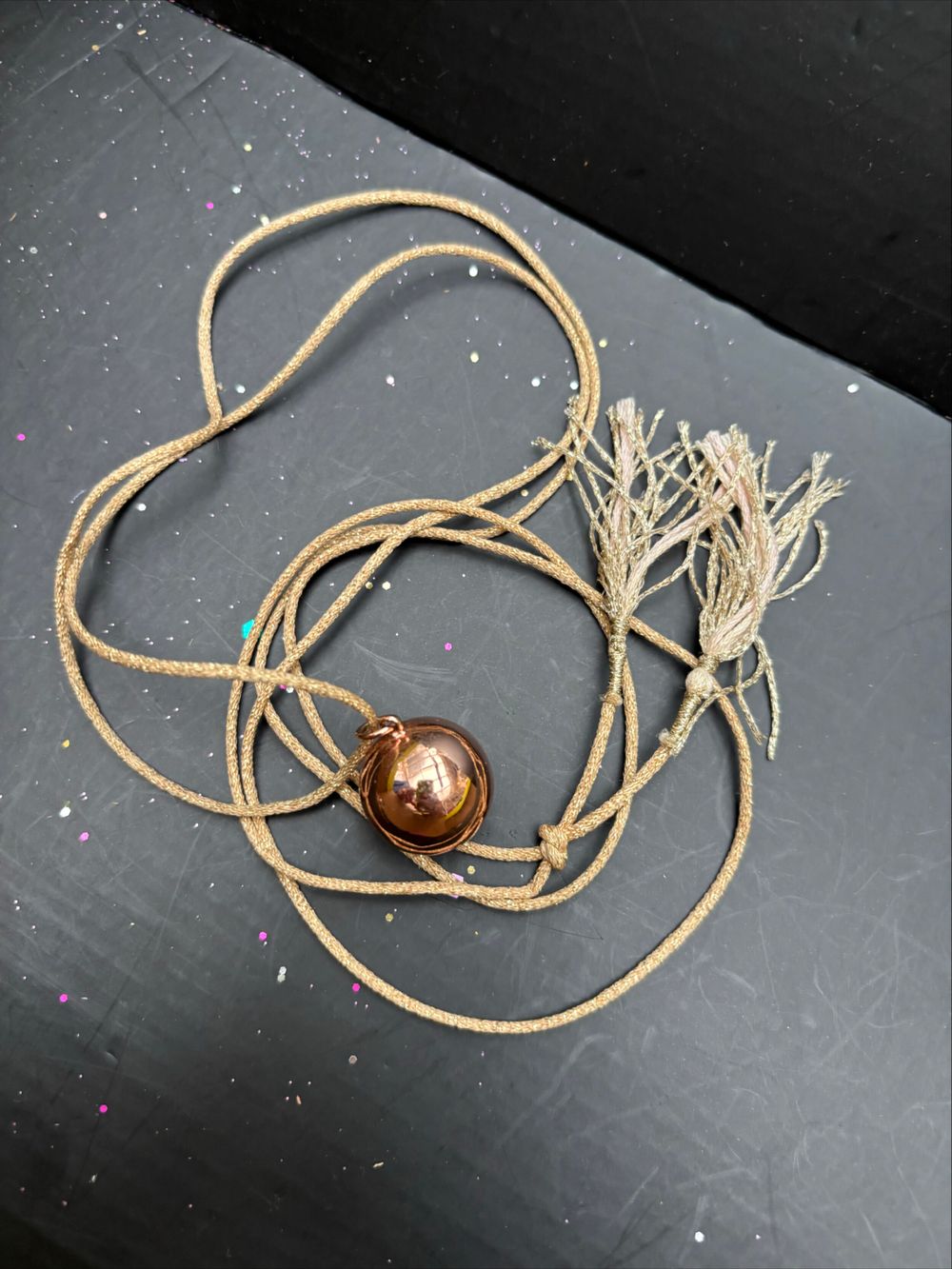 Pregnancy Bola on Gold Cord Necklace With Copper Sphere Pendant
