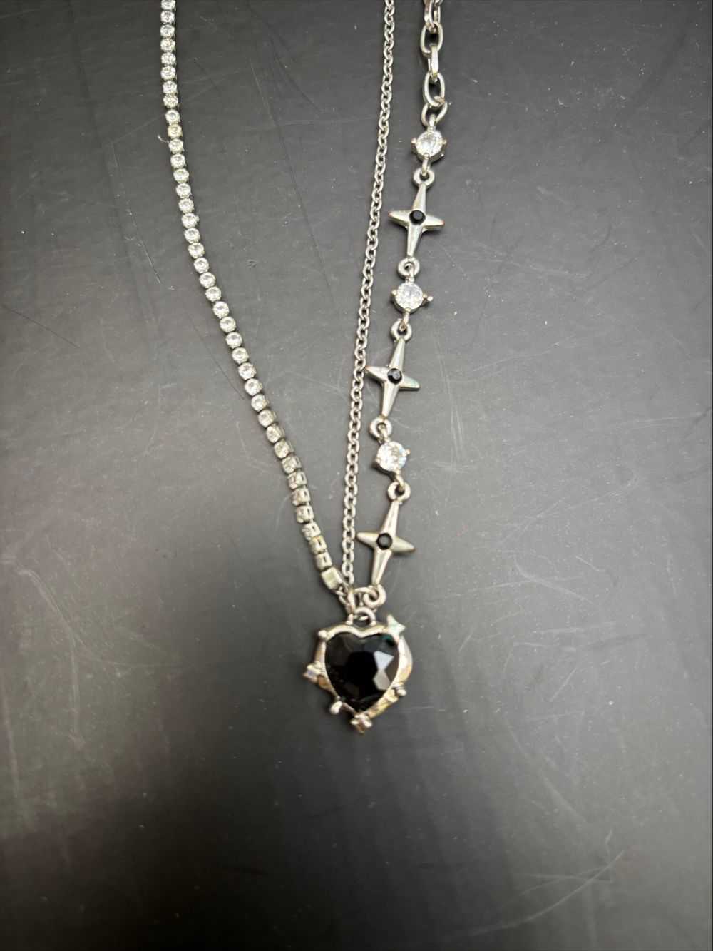 Stainless Layered Necklace With Black Heart Pendant