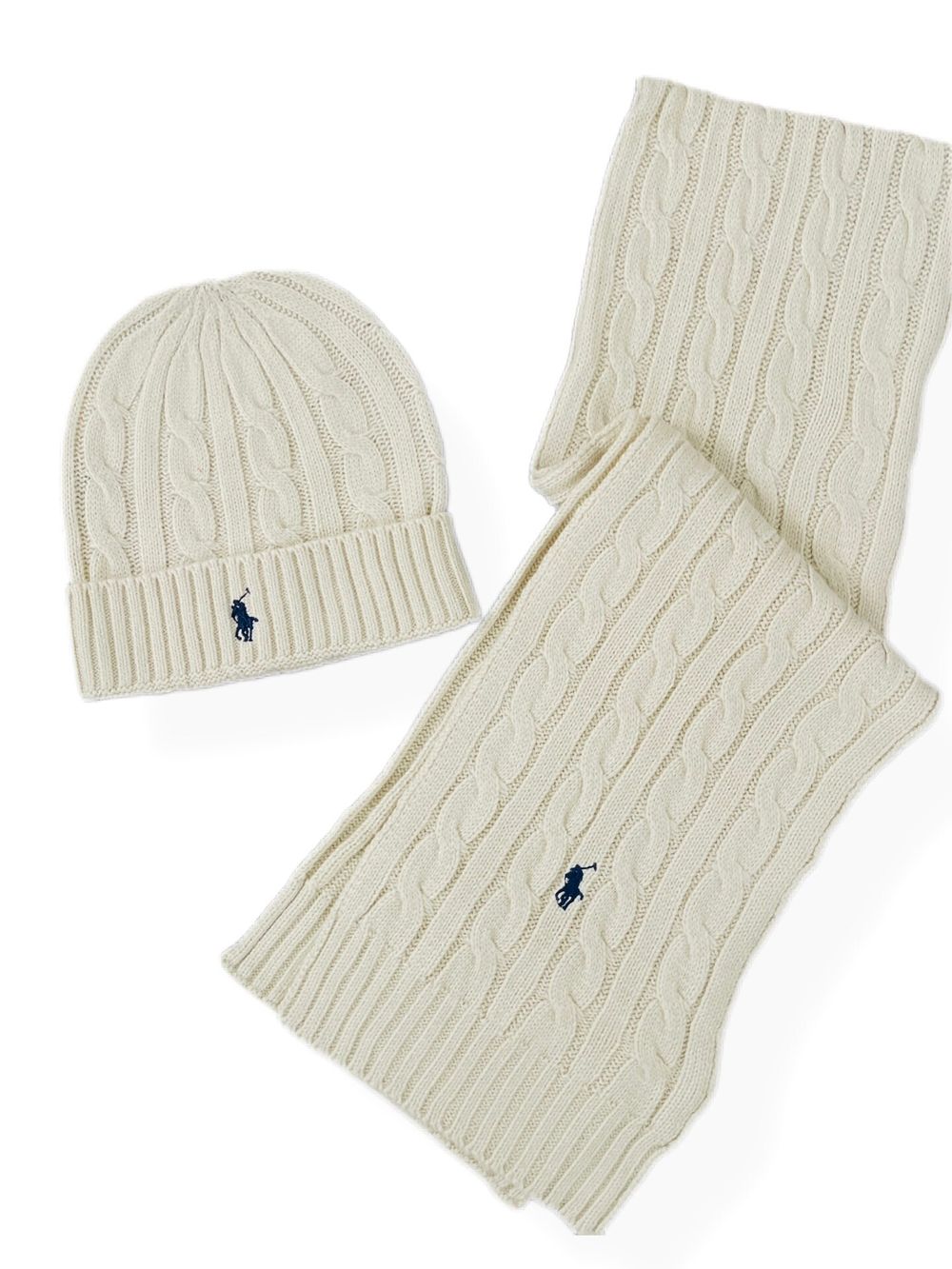 Polo Ralph Lauren Cream Cable Knit Beanie And Scarf Set